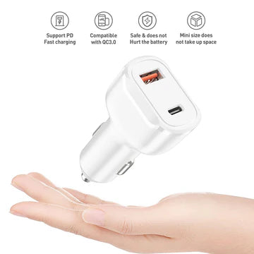 PD Dual Ports Car Charger Adapter Fast Charging with Type-C to Lightning Cable