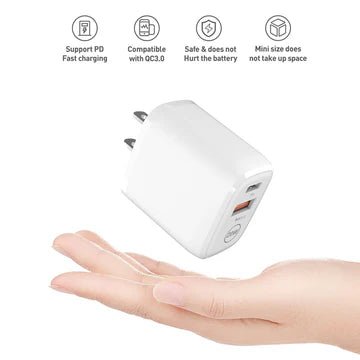 PD Dual Ports Travel Wall Charger Adapter Fast Charging with 8-PIN to Type-C Cable